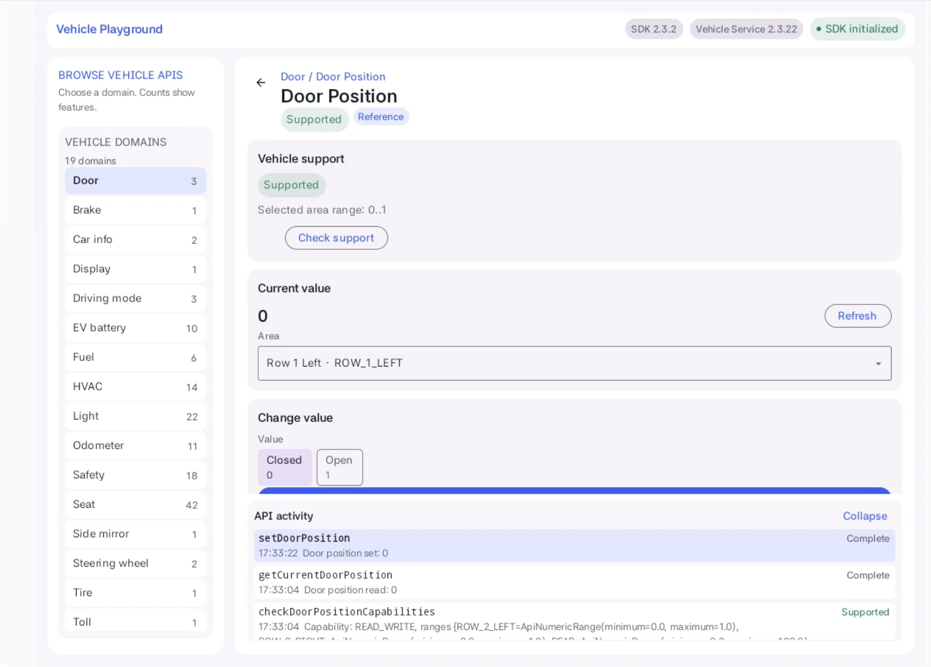Expanded API activity shows the results of the Door Position support check and current value read.