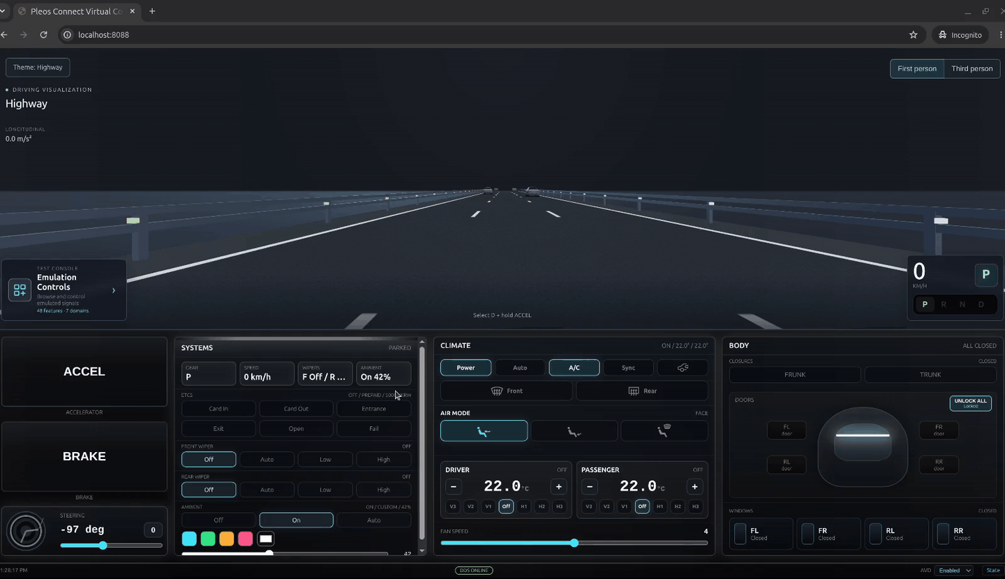 Demonstration of theme and viewpoint switching in Pleos Connect Virtual Console